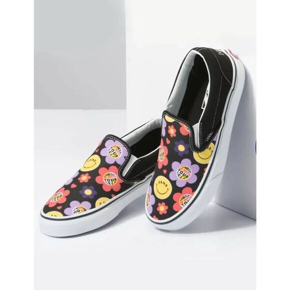 Vans Other - Vans Classic Happy Slip On Shoes Youth Size 3 Smiley Hippie Flowers School NEW